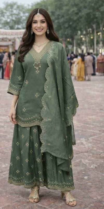 Shiny Green Roman Silk Sequence Work Salwar Suit