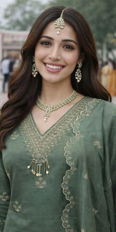 Shiny Green Roman Silk Sequence Work Salwar Suit