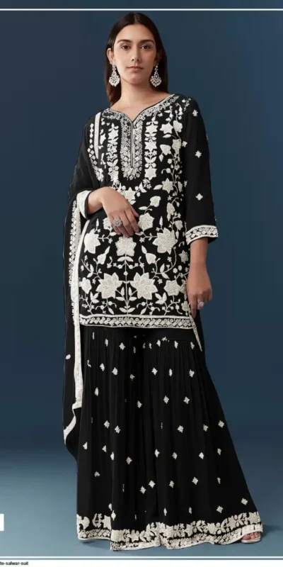 Solid Black Chiffon Georgette Embroider Work Salwar Suit