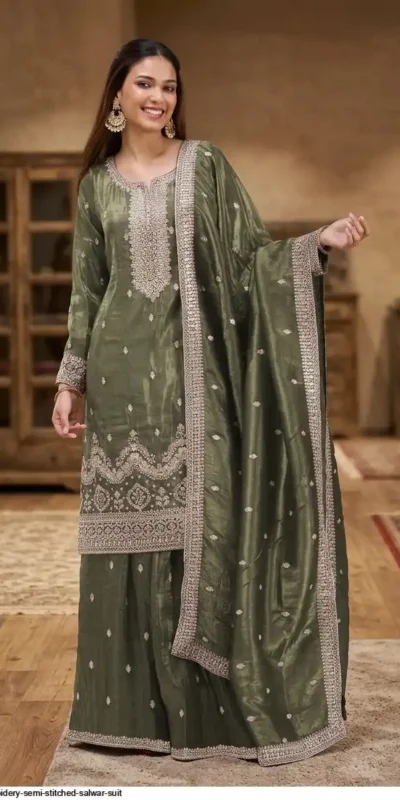 Super Green Gold Crush Embroidery Work Salwar Suit