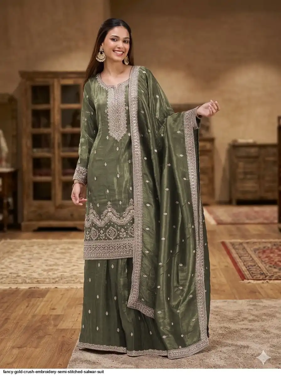 Super Green Gold Crush Embroidery Work Salwar Suit