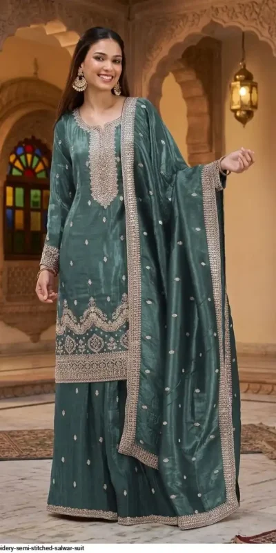 Super Teal Gold Crush Embroidery Work Salwar Suit