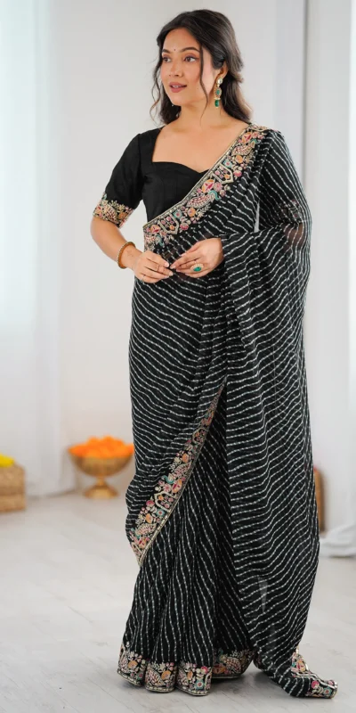 Trendy Black Faux Georgette Embroidery Work Saree