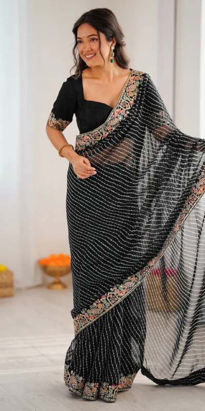 Trendy Black Faux Georgette Embroidery Work Saree