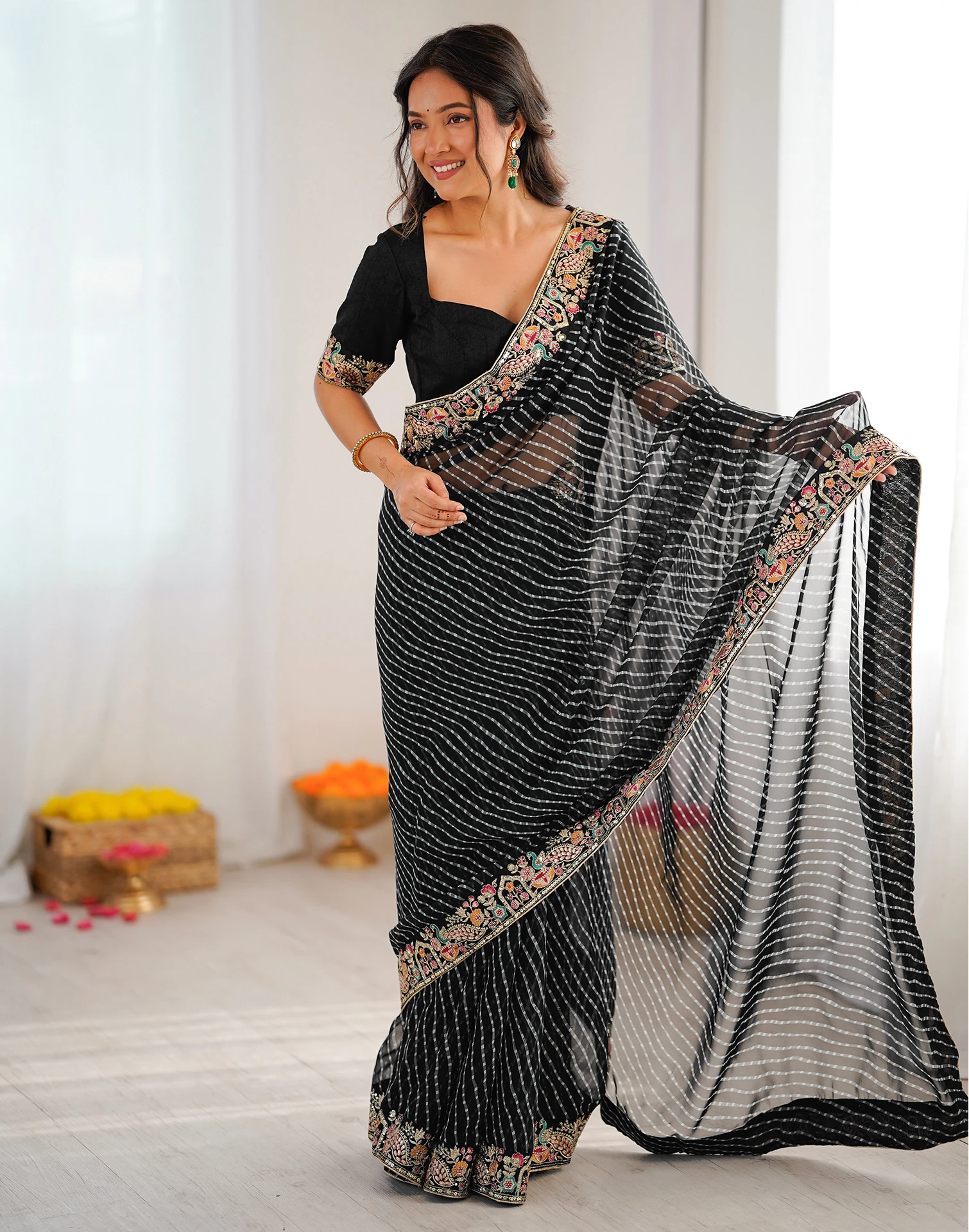 Trendy Black Faux Georgette Embroidery Work Saree