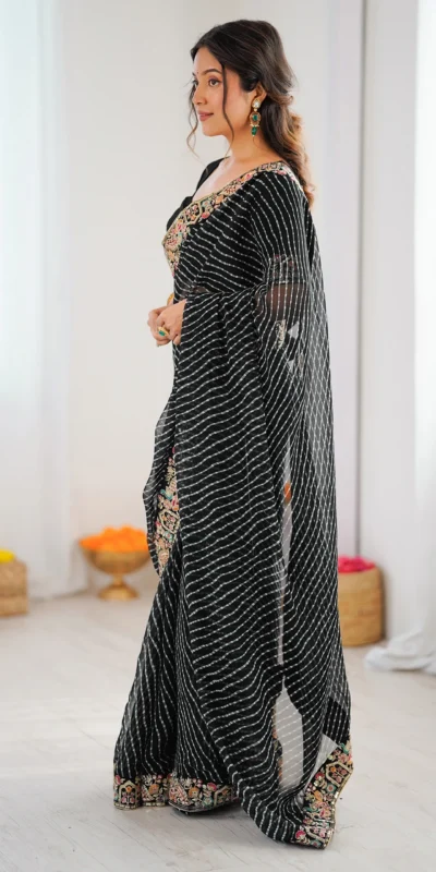 Trendy Black Faux Georgette Embroidery Work Saree