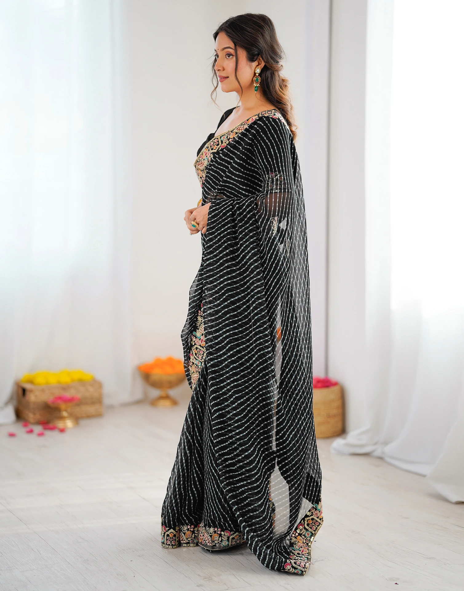 Trendy Black Faux Georgette Embroidery Work Saree