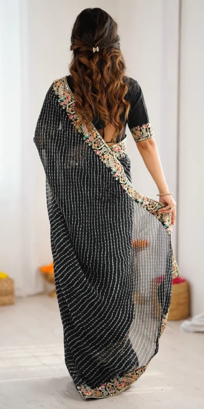 Trendy Black Faux Georgette Embroidery Work Saree