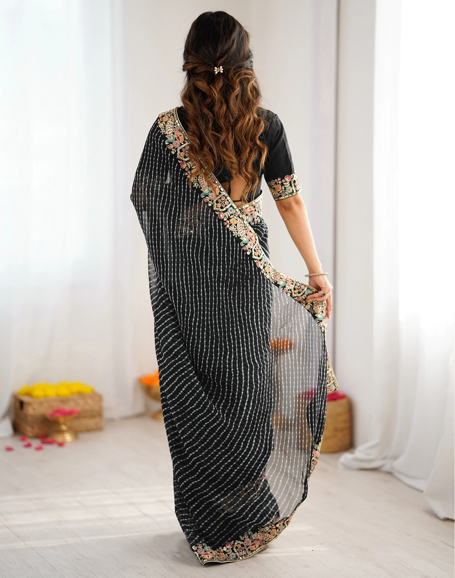 Trendy Black Faux Georgette Embroidery Work Saree
