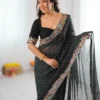 Trendy Black Faux Georgette Embroidery Work Saree