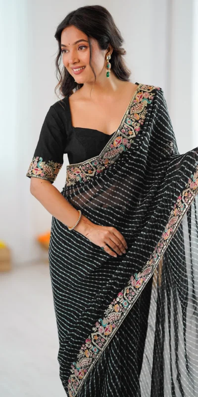 Trendy Black Faux Georgette Embroidery Work Saree