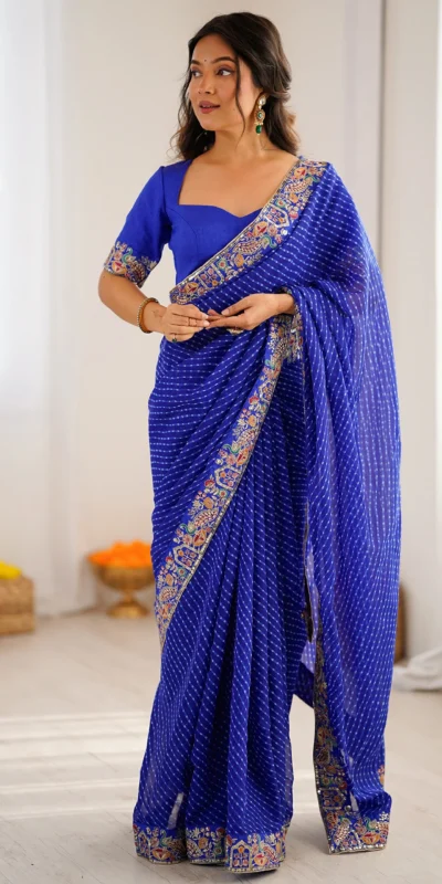 Trendy Blue Faux Georgette Embroidery Work Saree
