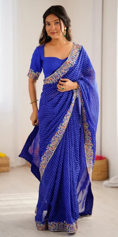 Trendy Blue Faux Georgette Embroidery Work Saree