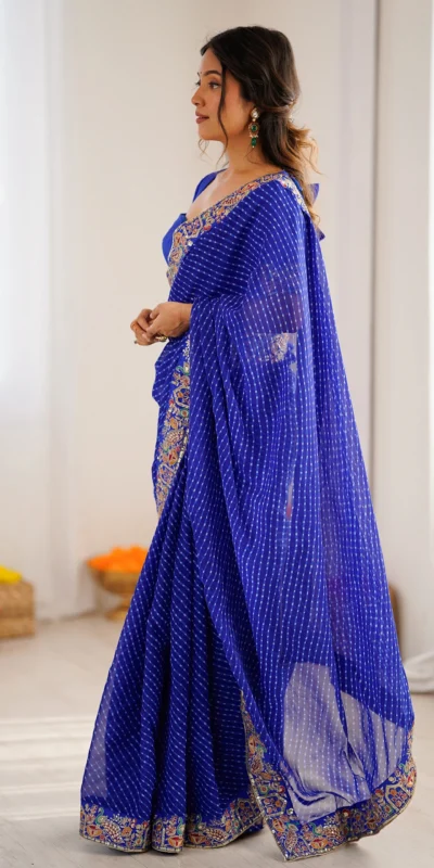 Trendy Blue Faux Georgette Embroidery Work Saree
