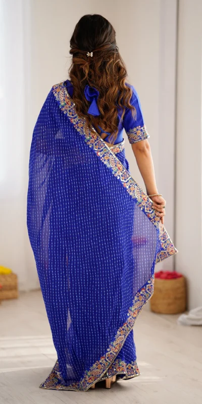 Trendy Blue Faux Georgette Embroidery Work Saree