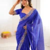 Trendy Blue Faux Georgette Embroidery Work Saree