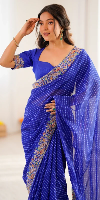 Trendy Blue Faux Georgette Embroidery Work Saree