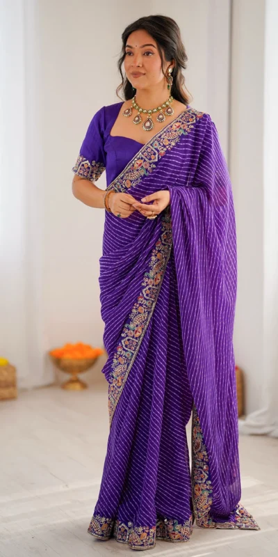Trendy Purple Faux Georgette Embroidery Work Saree