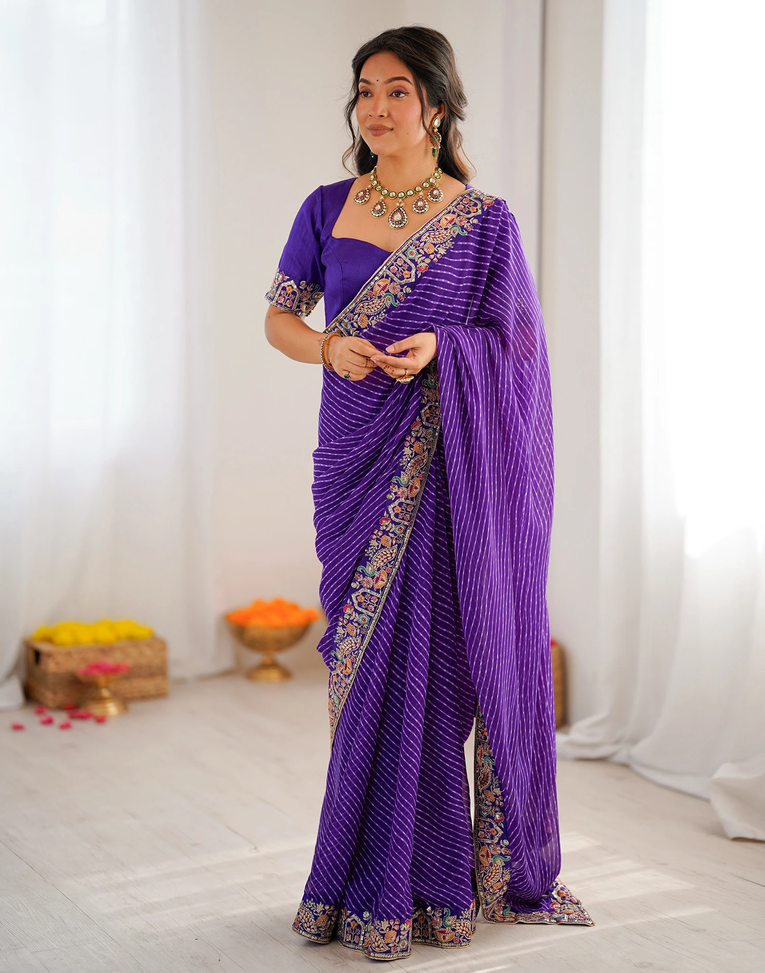 Trendy Purple Faux Georgette Embroidery Work Saree