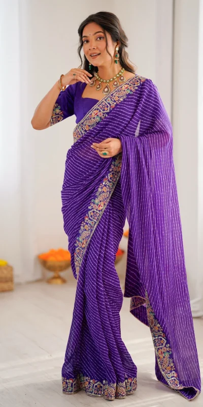 Trendy Purple Faux Georgette Embroidery Work Saree