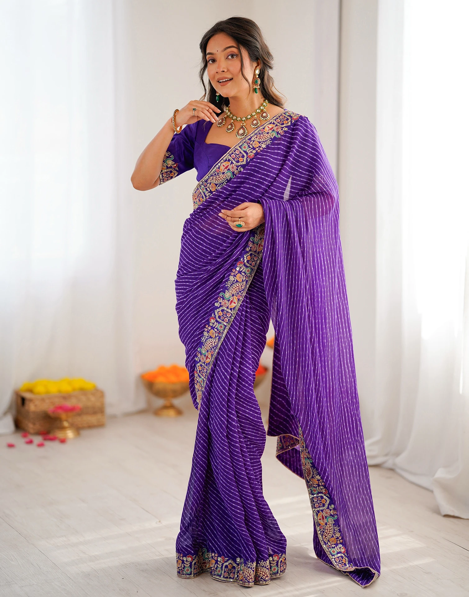 Trendy Purple Faux Georgette Embroidery Work Saree