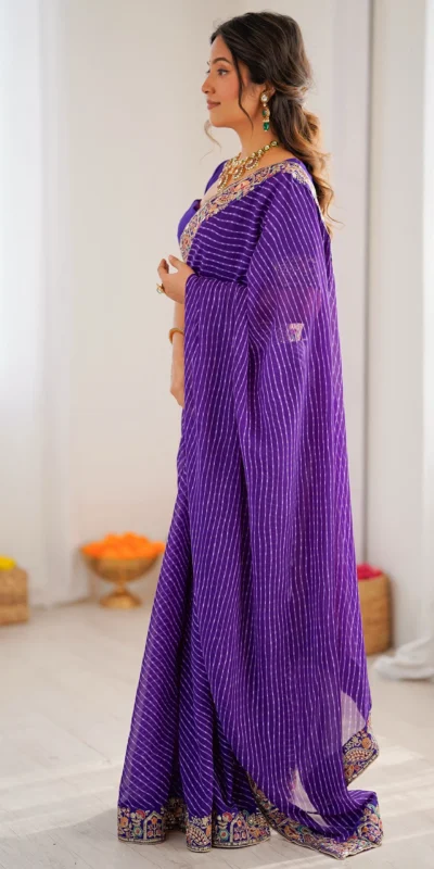 Trendy Purple Faux Georgette Embroidery Work Saree