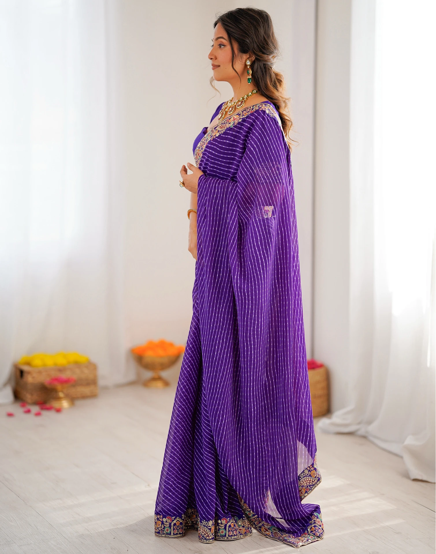 Trendy Purple Faux Georgette Embroidery Work Saree