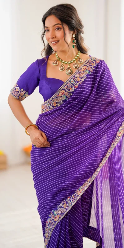 Trendy Purple Faux Georgette Embroidery Work Saree