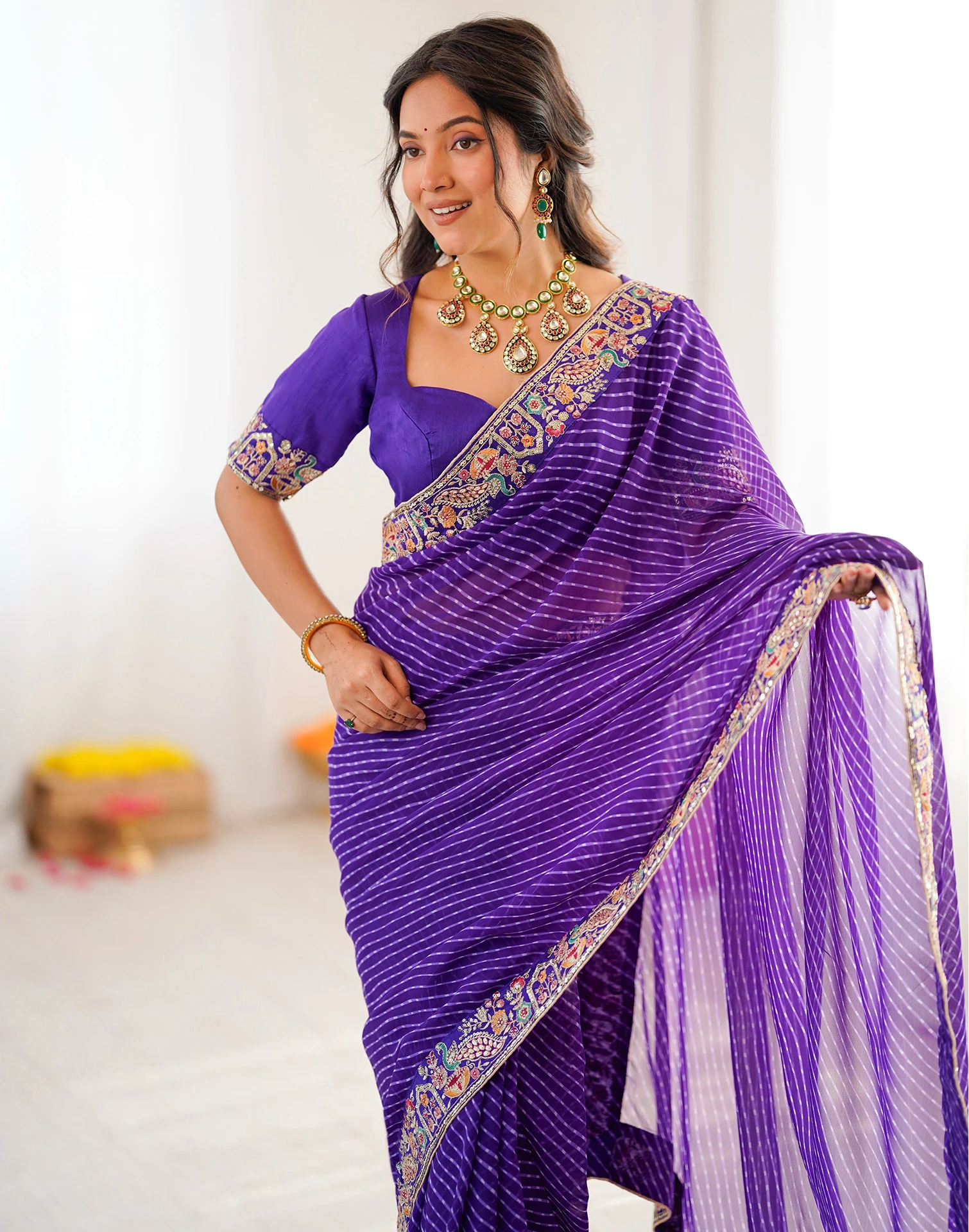 Trendy Purple Faux Georgette Embroidery Work Saree