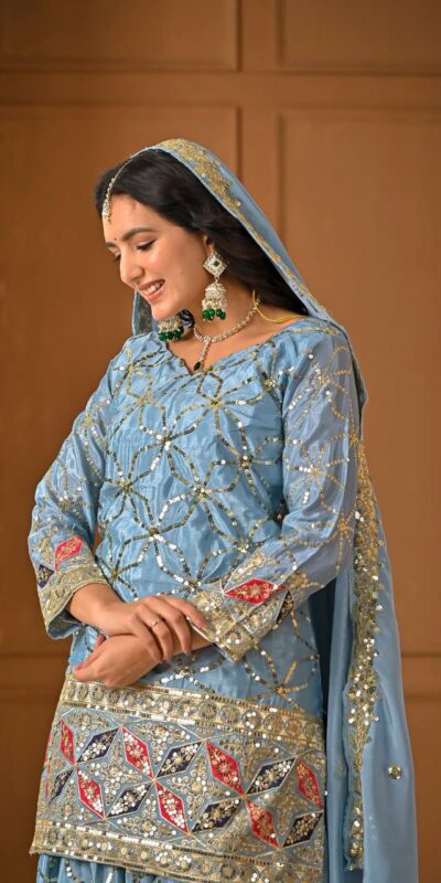 MD 3092 Sky Blue Chinnon Silk Salwar Suit Perfect for Wedding, Party, Ganesh Chaturthi, Baby Shower, Makar Sankranti – . Affordable Price ₹2449. De | Jump Suits, Salwar suit, Casual Suits, Creative suits, Designer Suits, Palazzo Suits, Party Wear Suits, Patiala Suits, Straight Suits