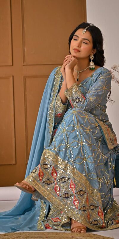 MD 3092 Sky Blue Chinnon Silk Salwar Suit Perfect for Wedding, Party, Ganesh Chaturthi, Baby Shower, Makar Sankranti – . Affordable Price ₹2449. De | Jump Suits, Salwar suit, Casual Suits, Creative suits, Designer Suits, Palazzo Suits, Party Wear Suits, Patiala Suits, Straight Suits