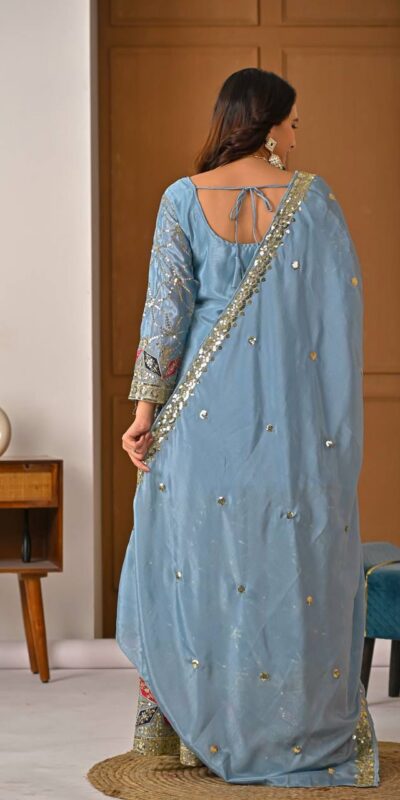 MD 3092 Sky Blue Chinnon Silk Salwar Suit Perfect for Wedding, Party, Ganesh Chaturthi, Baby Shower, Makar Sankranti – . Affordable Price ₹2449. De | Jump Suits, Salwar suit, Casual Suits, Creative suits, Designer Suits, Palazzo Suits, Party Wear Suits, Patiala Suits, Straight Suits