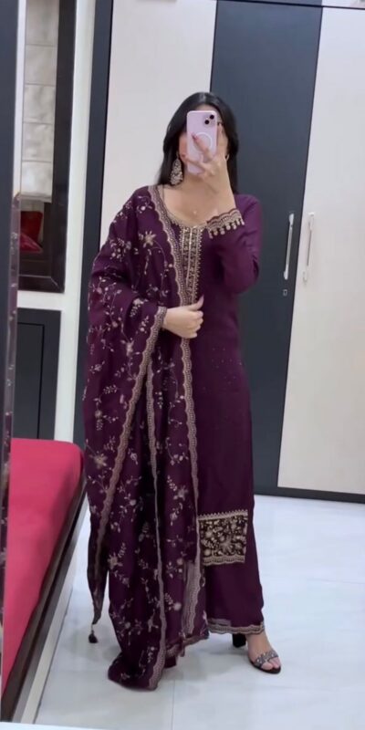 JF 048 Wine Color Georgette Salwar Suit with Designer Work. Affordable Price ₹2149. Delivery 4-6 Working Days. Online Shop now. | Jump Suits, Salwar suit, Casual Suits, Creative suits, Designer Suits, Palazzo Suits, Party Wear Suits, Patiala Suits, Straight Suits