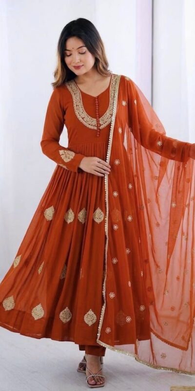 ZF 5018 Orange Color Blooming Georgette Gown With Coding Work . Get it for ₹2049. Delivery 4-6 Working Days. Online Shop now. | Gowns, Bollywood Gowns, Creative Gowns, Designer Gowns, Embroidered Gowns, Party Wear Gowns