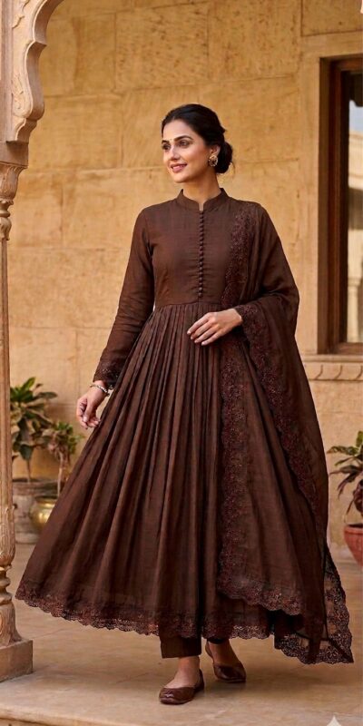 VLM 337 Brown Roman Silk Gown Perfect for Wedding, Party, Ethnic Day, Haldi, Diwali – . Festive Deal ₹2099. Delivery 4-6 Working Days. Shop now. | Gowns, Bollywood Gowns, Creative Gowns, Designer Gowns, Embroidered Gowns, Party Wear Gowns
