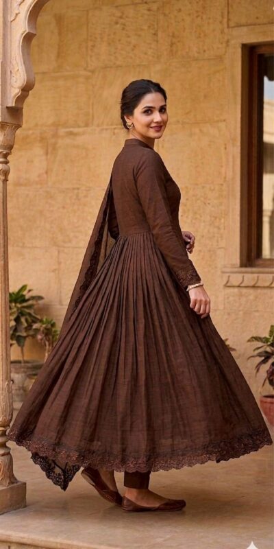 VLM 337 Brown Roman Silk Gown Perfect for Wedding, Party, Ethnic Day, Haldi, Diwali – . Festive Deal ₹2099. Delivery 4-6 Working Days. Shop now. | Gowns, Bollywood Gowns, Creative Gowns, Designer Gowns, Embroidered Gowns, Party Wear Gowns