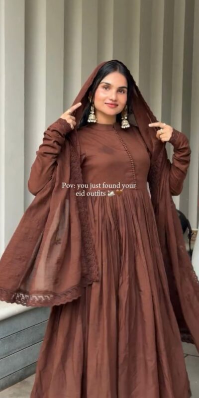 VLM 337 Brown Roman Silk Gown Perfect for Wedding, Party, Ethnic Day, Haldi, Diwali – . Festive Deal ₹2099. Delivery 4-6 Working Days. Shop now. | Gowns, Bollywood Gowns, Creative Gowns, Designer Gowns, Embroidered Gowns, Party Wear Gowns