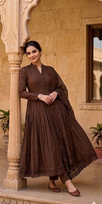 VLM 337 Brown Roman Silk Gown Perfect for Wedding, Party, Ethnic Day, Haldi, Diwali – . Festive Deal ₹2099. Delivery 4-6 Working Days. Shop now. | Gowns, Bollywood Gowns, Creative Gowns, Designer Gowns, Embroidered Gowns, Party Wear Gowns