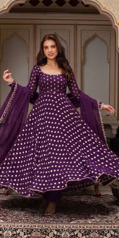 SRK 5347 Wine Chanderi Jacquard Butti Salwar Suit with Mirror Work & Lace Work. Festive Deal ₹2149. Delivery 4-6 Working Days. Shop now. | Anarkali Suits, Bollywood Anarkali, Creative-Anarkali, Designer Anarkali, Embroidered Anarkali, Party Wear Anarkali