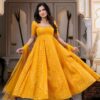 Fancy Yellow Chanderi Jacquard Butti Mirror Work Anarkali Suit