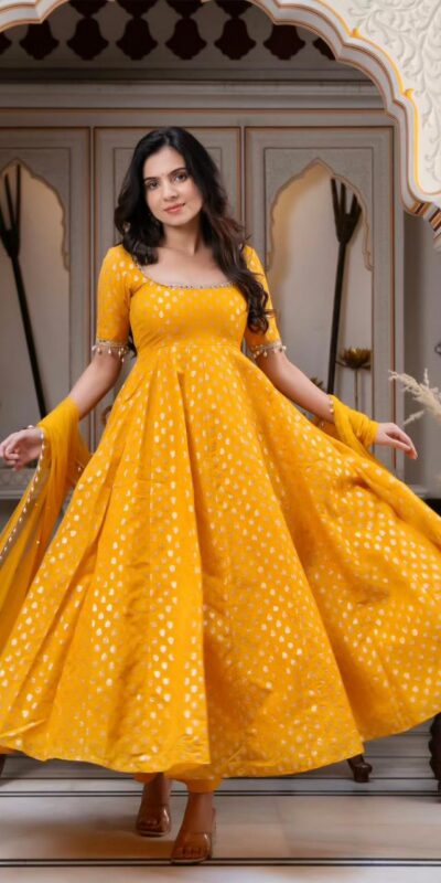 SRK 5347 Yellow Chanderi Jacquard Butti Salwar Suit with Mirror Work & Lace Work. Festive Deal ₹2149. Delivery 4-6 Working Days. Shop now. | Anarkali Suits, Bollywood Anarkali, Creative-Anarkali, Designer Anarkali, Embroidered Anarkali, Party Wear Anarkali