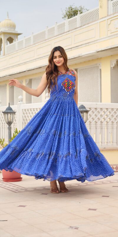 Ram 108 Blue Color Georgette Bandhni Print Gown with Mirror Work. Best Price ₹2049. Delivery 4-6 Working Days. Online Shop now. | Gowns, Bollywood Gowns, Creative Gowns, Designer Gowns, Embroidered Gowns, Party Wear Gowns