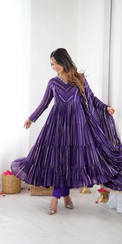 SRK 5305 Purple Color Mal Chanderi Gown with Mirror Work & Lace Work. Grab it for ₹2399. Delivery 4-6 Working Days. Shop now. | Gowns, Bollywood Gowns, Creative Gowns, Designer Gowns, Embroidered Gowns, Party Wear Gowns