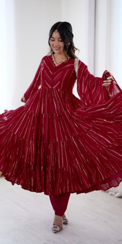 SRK 5305 Red Color Mal Chanderi Gown with Mirror Work & Lace Work. Grab it for ₹2399. Delivery 4-6 Working Days. Shop now. | Gowns, Bollywood Gowns, Creative Gowns, Designer Gowns, Embroidered Gowns, Party Wear Gowns
