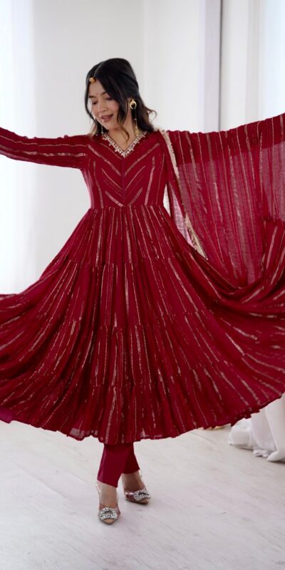SRK 5305 Red Color Mal Chanderi Gown with Mirror Work & Lace Work. Grab it for ₹2399. Delivery 4-6 Working Days. Shop now. | Gowns, Bollywood Gowns, Creative Gowns, Designer Gowns, Embroidered Gowns, Party Wear Gowns