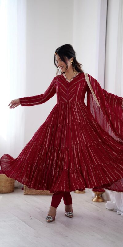 SRK 5305 Red Color Mal Chanderi Gown with Mirror Work & Lace Work. Grab it for ₹2399. Delivery 4-6 Working Days. Shop now. | Gowns, Bollywood Gowns, Creative Gowns, Designer Gowns, Embroidered Gowns, Party Wear Gowns