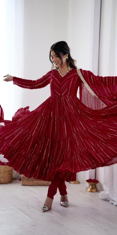 SRK 5305 Red Color Mal Chanderi Gown with Mirror Work & Lace Work. Grab it for ₹2399. Delivery 4-6 Working Days. Shop now. | Gowns, Bollywood Gowns, Creative Gowns, Designer Gowns, Embroidered Gowns, Party Wear Gowns