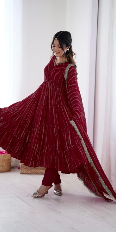 SRK 5305 Red Color Mal Chanderi Gown with Mirror Work & Lace Work. Grab it for ₹2399. Delivery 4-6 Working Days. Shop now. | Gowns, Bollywood Gowns, Creative Gowns, Designer Gowns, Embroidered Gowns, Party Wear Gowns