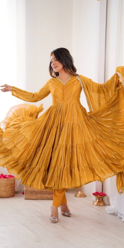 SRK 5305 Yellow Color Mal Chanderi Gown with Mirror Work & Lace Work. Grab it for ₹2399. Delivery 4-6 Working Days. Shop now. | Gowns, Bollywood Gowns, Creative Gowns, Designer Gowns, Embroidered Gowns, Party Wear Gowns