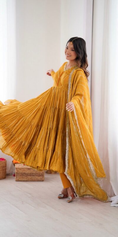 SRK 5305 Yellow Color Mal Chanderi Gown with Mirror Work & Lace Work. Grab it for ₹2399. Delivery 4-6 Working Days. Shop now. | Gowns, Bollywood Gowns, Creative Gowns, Designer Gowns, Embroidered Gowns, Party Wear Gowns